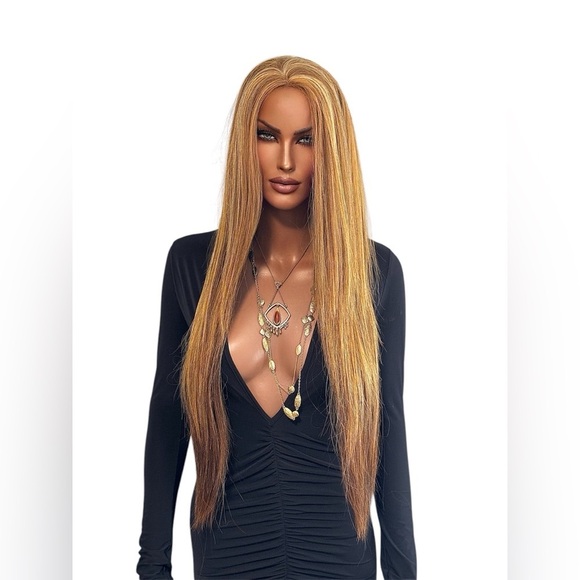 Blonde Red Copper Highlight Lowlight Human Hair Blend Lace Front Heat Safe Wig - Picture 4 of 16